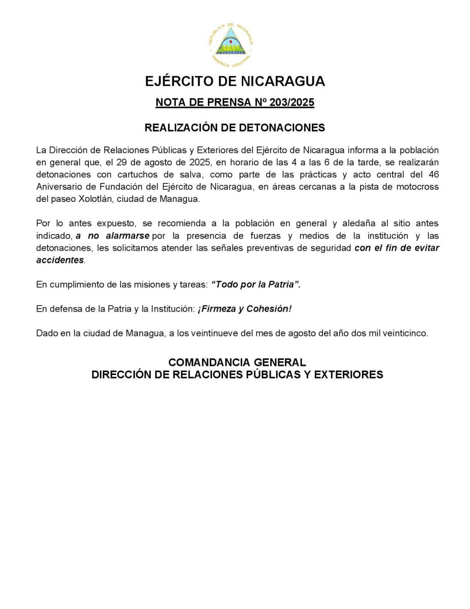 Nota de Prensa del Ejército de Nicaragua Númeo 203