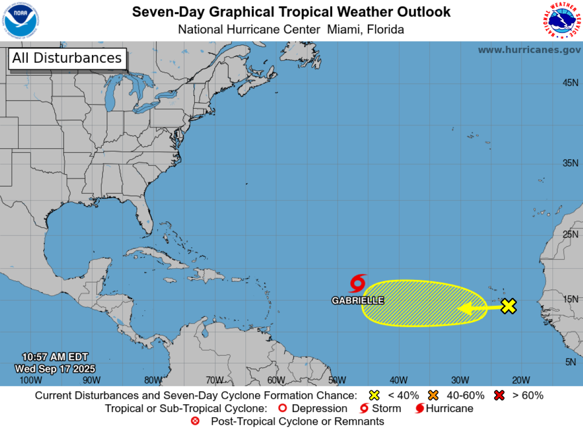 Tormenta tropical Gabrielle se forma en el Atlántico con vientos de 72 km/h y potencial de huracán