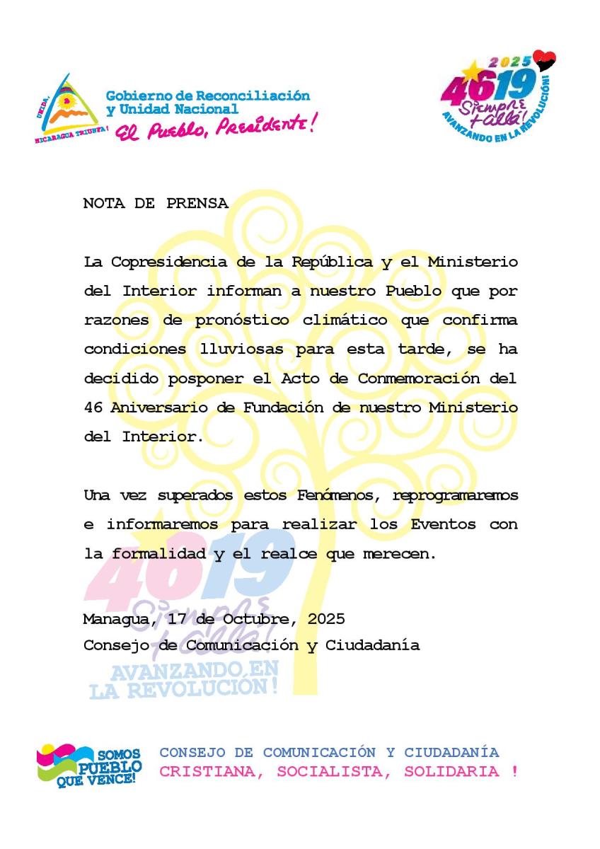 Posponen acto del 46º Aniversario del Ministerio del Interior