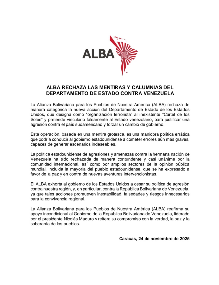 ALBA RECHAZA LAS MENTIRAS Y CALUMNIAS DEL DEPARTAMENTO DE ESTADO CONTRA VENEZUELA