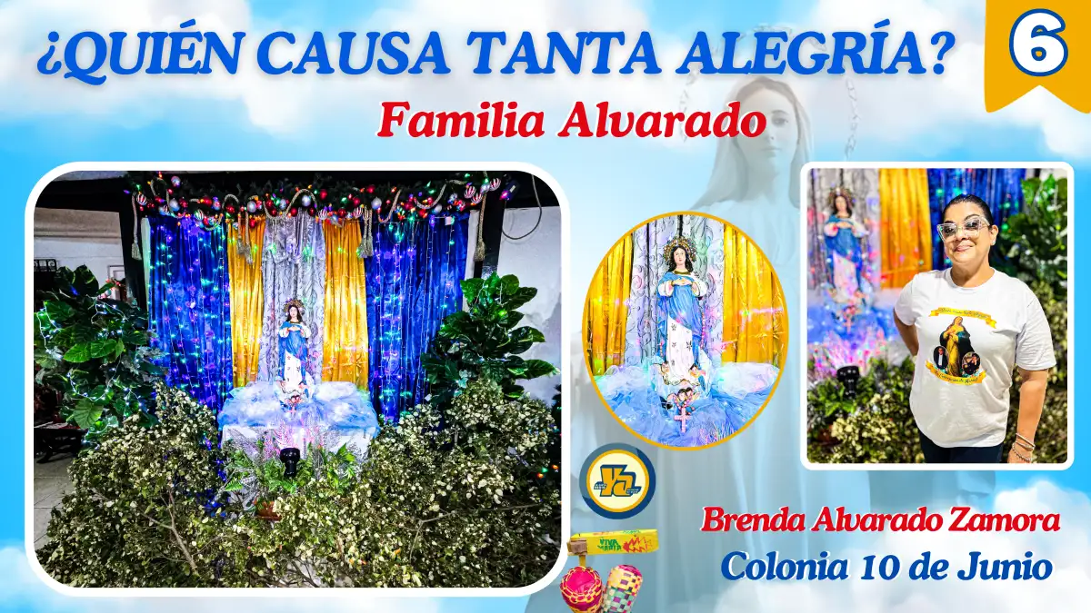 Altar mariano colorido de Brenda Alvarado con luces y decoración festiva