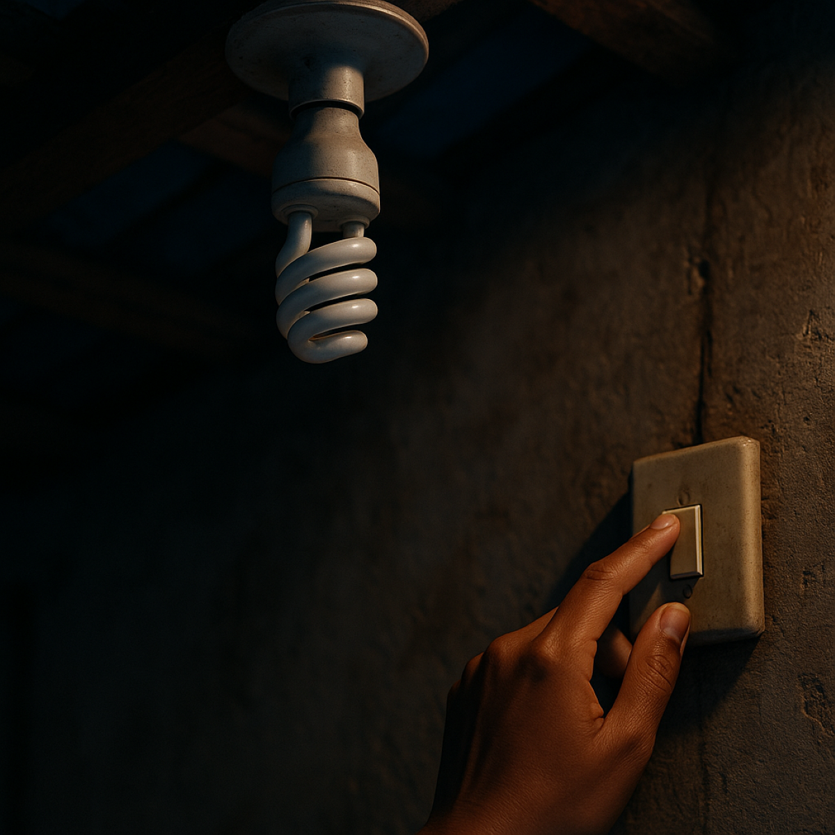 Mano encendiendo interruptor de luz en la pared con un bombillo de luz apagado