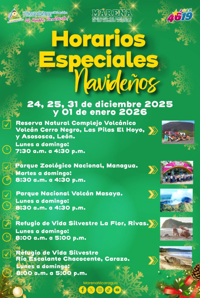 MARENA anuncia horarios especiales en áreas protegidas por fiestas de fin de año