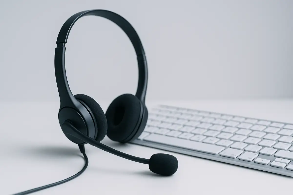 Auriculares con micrófono junto a un teclado