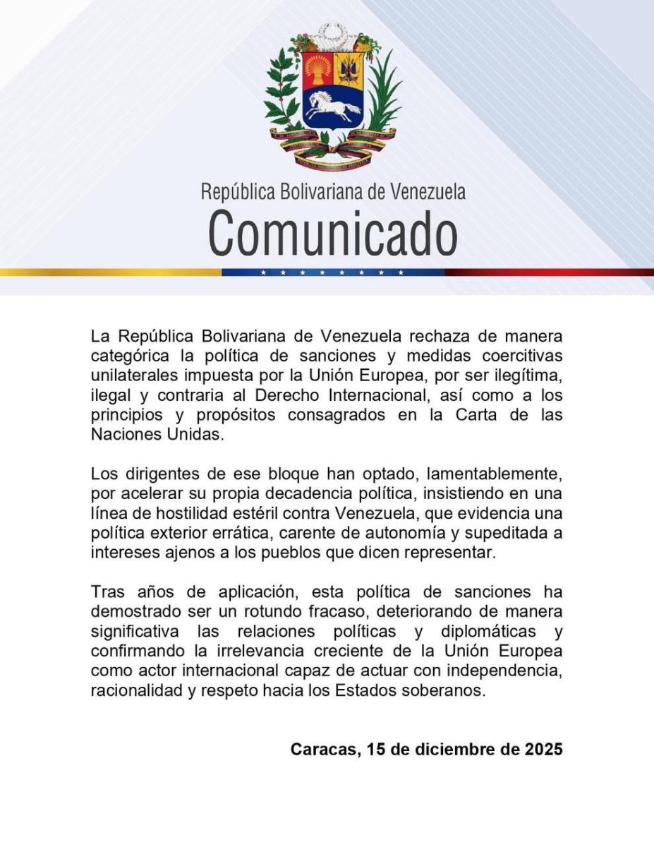 Venezuela rechaza categóricamente sanciones de la Unión Europea y las declara contrarias al Derecho Internacional