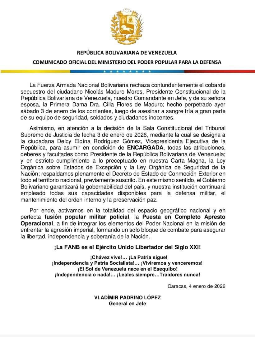 FANB denuncia secuestro de Maduro y declara Estado de Conmoción