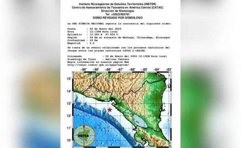 Temblor de 4.2 estremece este jueves el occidente de Nicaragua