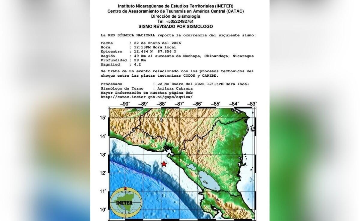 Sismo de 4.2 sacude el Pacífico de Nicaragua