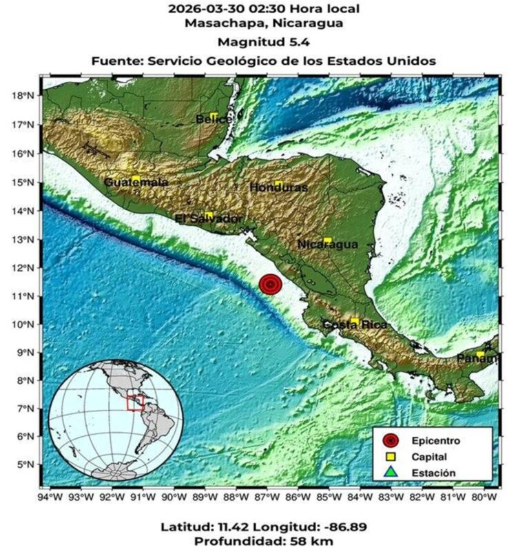 Fuerte sismo de 5.4 sacude esta madrugada las costas de Pochomil y Masachapa