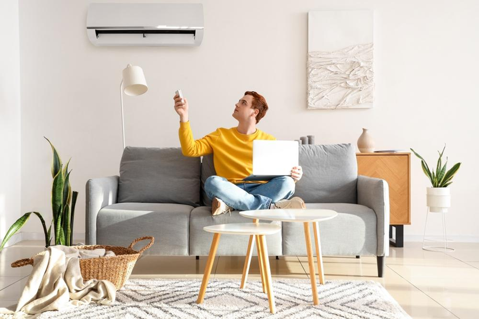 Hombre con portátil en un salón moderno. Foto Shutterstock