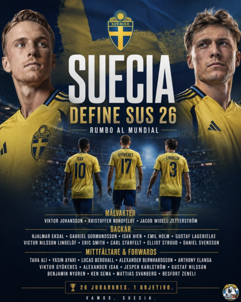 Suecia presenta lista de 26 jugadores para el Mundial 2026