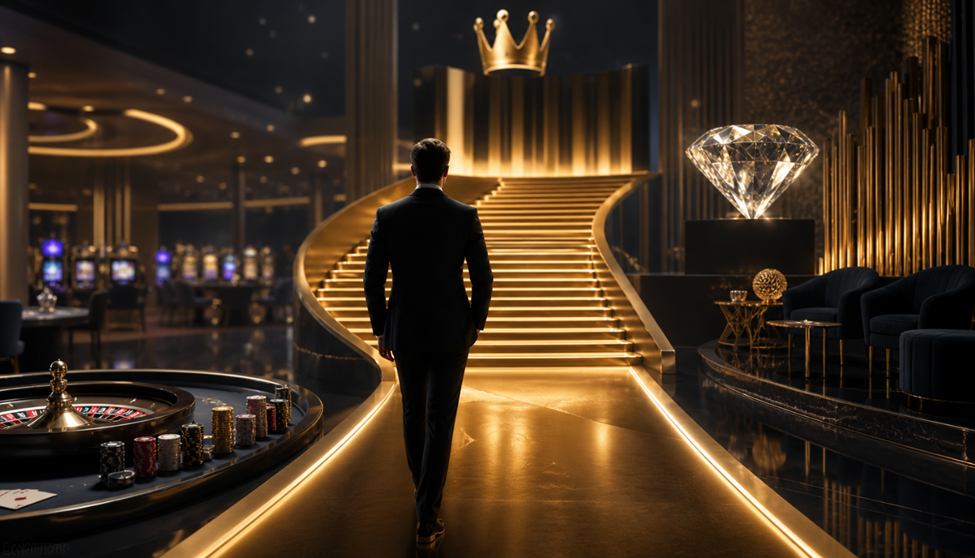 Hombre caminando en lujoso casino