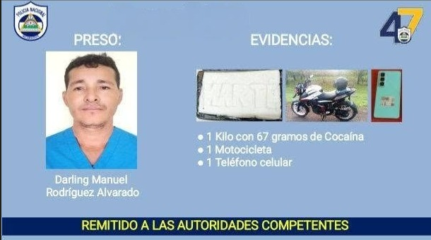 Arrestan a motociclista con más de un kilo de cocaína en Acoyapa