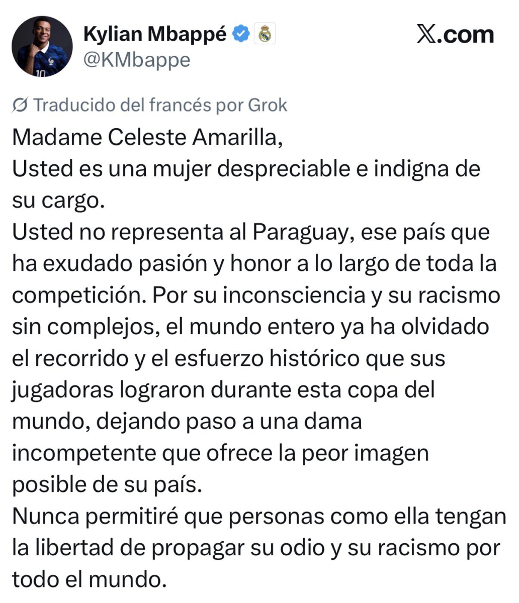 Mbappé le contestó a la senadora paraguaya Celeste Amarilla
