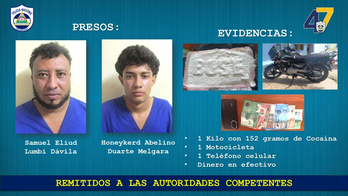 Capturan a dos sujetos con más de un kilo de cocaína en Ciudad Darío