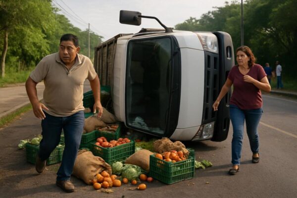 Vuelca camión con verduras en El Crucero y sus ocupantes salen ilesos