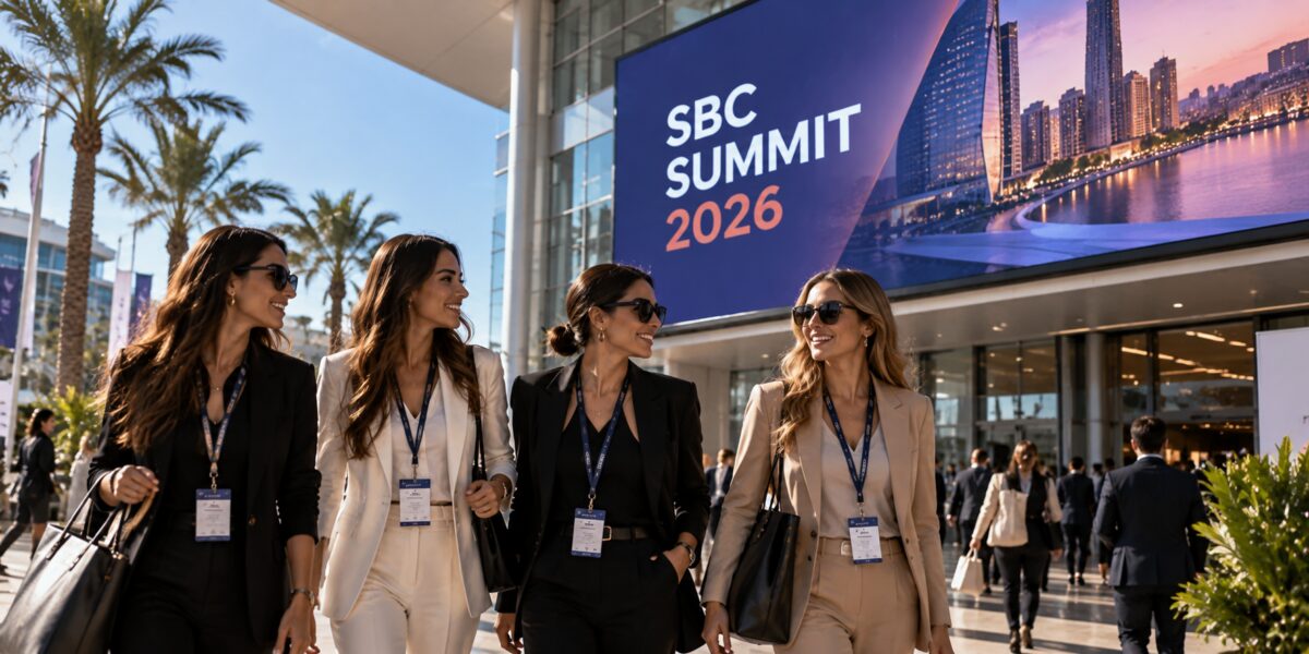 Mujeres llegando al SBC Summit 2026 frente al centro de conferencias
