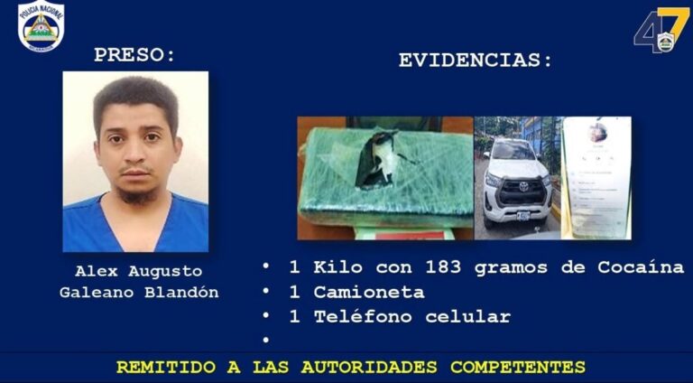 Acusan a Alex Galeano por cargar más de un kilo de cocaína en Ciudad Darío